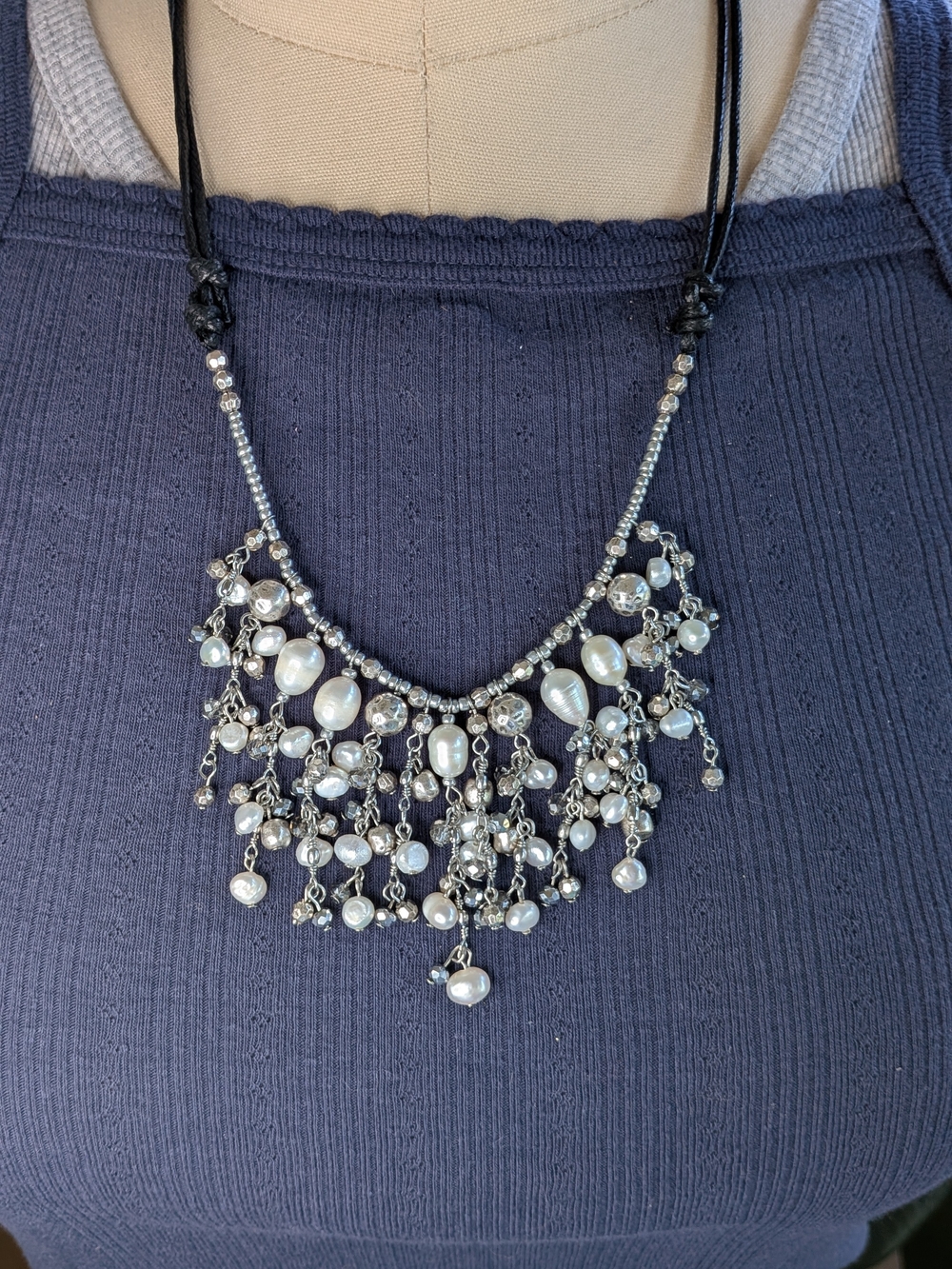 Genuine Freshwater Pearl Cascading Fringe Bib Necklace Adjustable Cord Boho